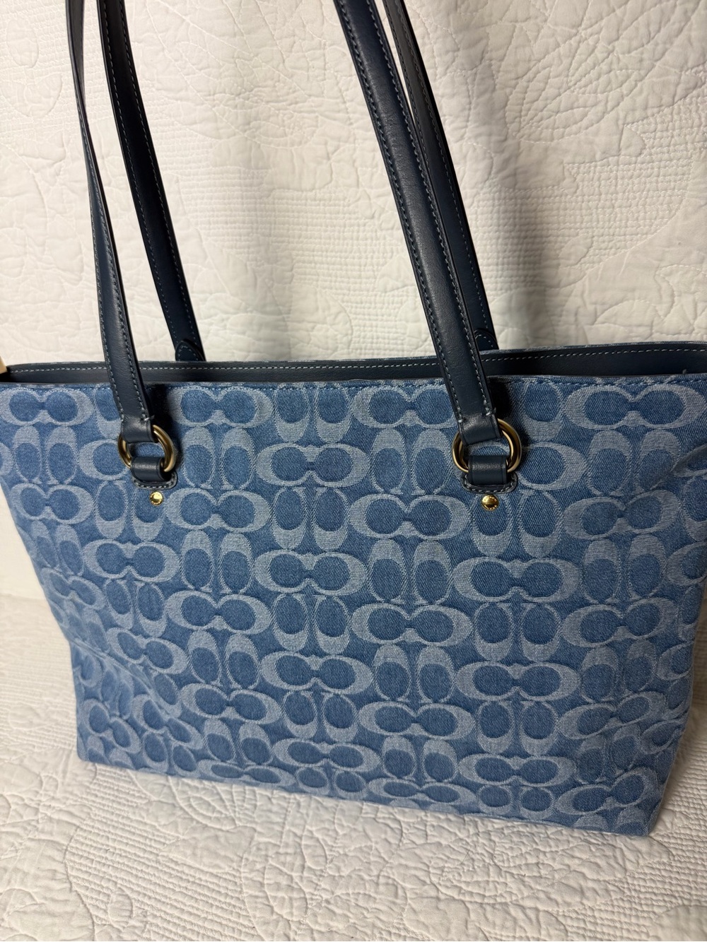 Coach Blue Signature Denim Tote with Leather Trim - Picture 5 of 8